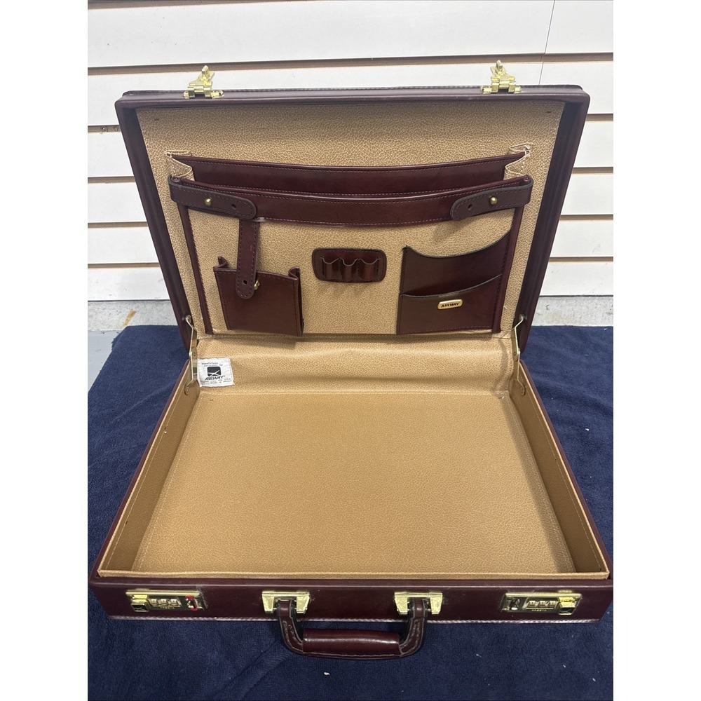 VTG Airway Presto Combination Lock Mens Leather Attache Briefcase Burgundy NICE!